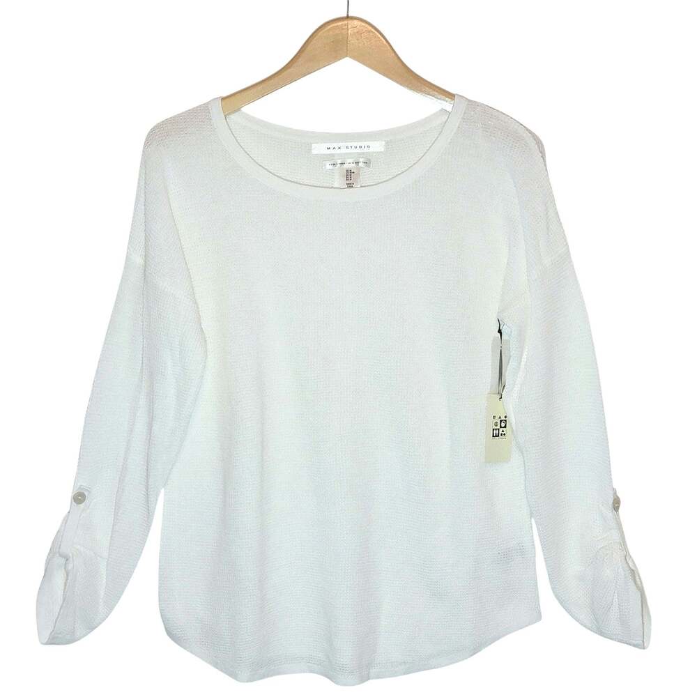 Max Studio NWT Waffle Knit Linen Cotton Scoop Neck Top White M Coastal